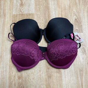 MAIDENFORM PUSH UP BRAS 2 PACK BLACK PURPLE LACE SIZE 34C WIRED ADJUSTABLE NEW